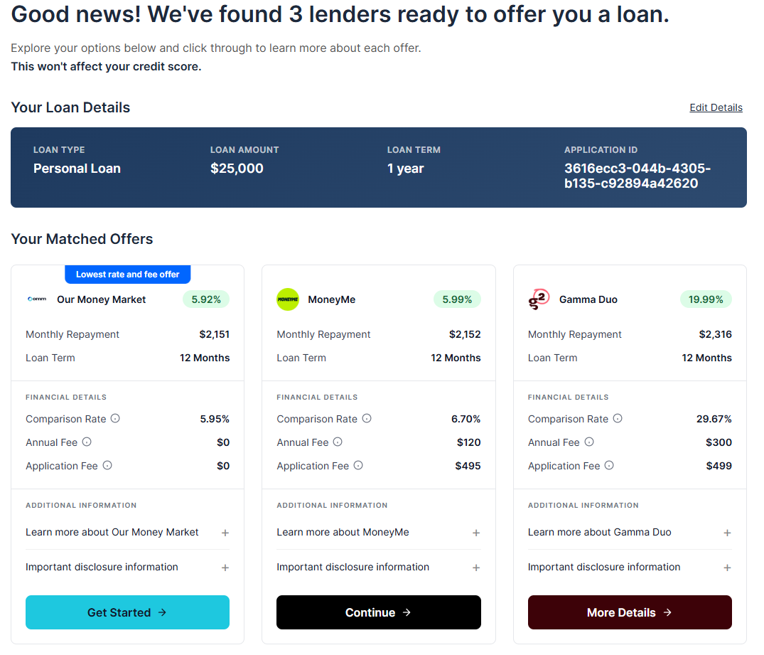 RateMatch matched-offers screen: three lender offers with comparison rates and monthly repayments